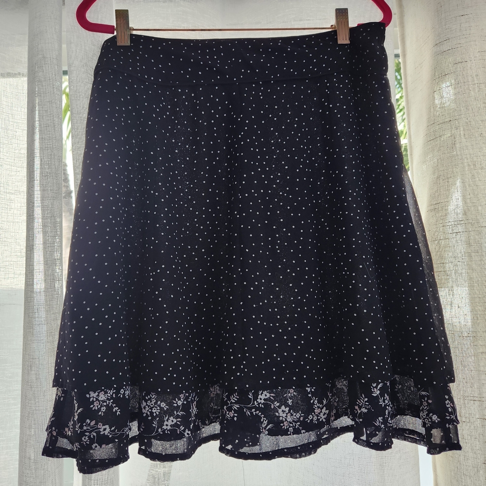 White House Black Market Black Dot Floral Trim Skirt